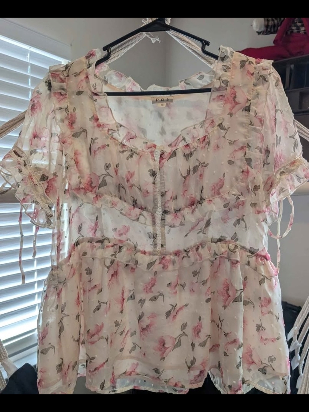 POL Sheer Floral Ruffle Blouse in Pink and Cream Oversized Small